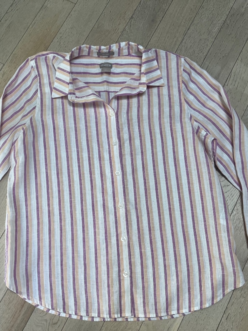 Chico's No Iron Metallic Striped 100% Linen Button Down Shirt Size 1 (Med)